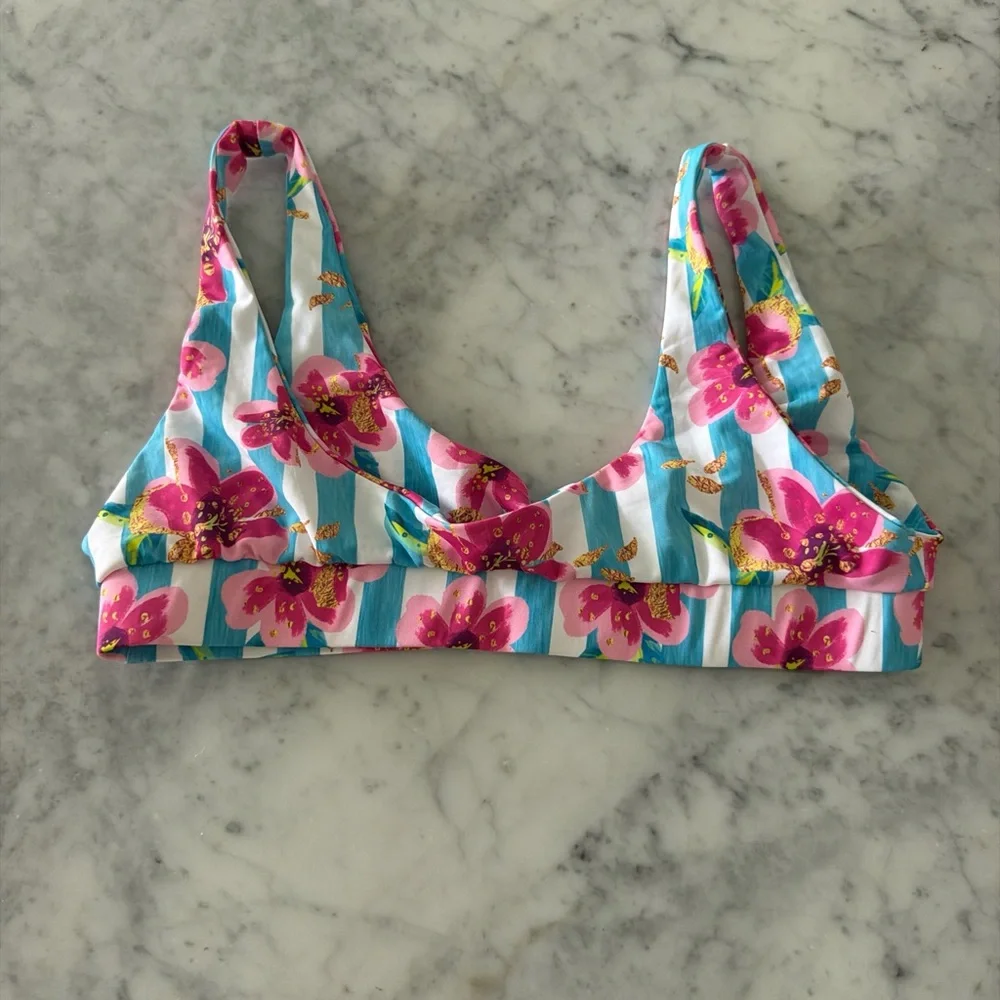 Kulani Kinis Pink Floral and Blue Striped Bikini Top